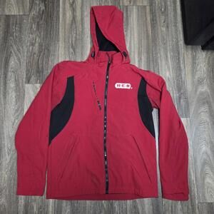 HEB Employee Jacket Mens Medium Red Black Hooded Softshell Fleece Lined Zip Work